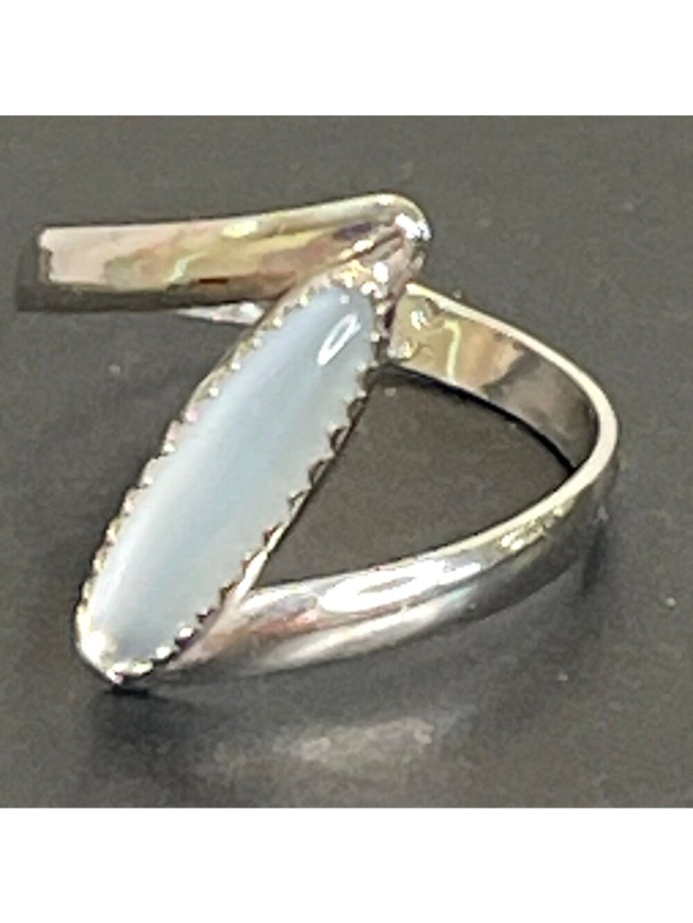 Vintage Sterling Chalcedony Bypass Ring White Marquise Cabochon Bezel Sz 7.25